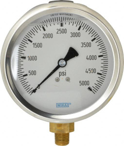 WIKA 4" Dial, 1/4 Thread, 0-5,000 Scale Range, Pressure Gauge Lower Connection Mount, Accurate to 1% of Scale 9699223 - 56454101