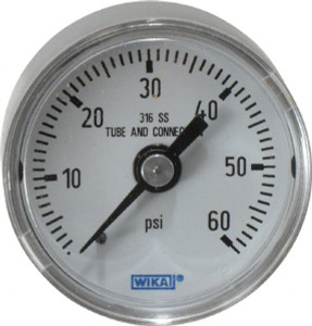 WIKA 1-1/2" Dial, 1/8 Thread, 0-60 Scale Range, Pressure Gauge Center Back Connection Mount, Accurate to 2.5% of Scale 9118101 - 56451511