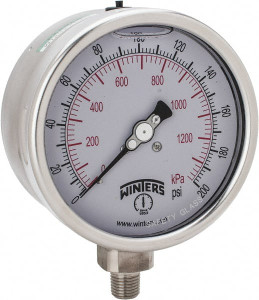 Winters Instruments 4" Dial, 1/4 Thread, 0-200 Scale Range, Pressure Gauge Lower Connection Mount, Accurate to 1% of Scale PSC268G - 55193262