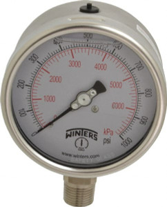 Winters Instruments 4" Dial, 1/2 Thread, 0-1,000 Scale Range, Pressure Gauge Lower Connection Mount, Accurate to 1% of Scale PSC274G - 55193304