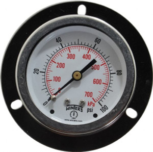 Winters Instruments 2-1/2" Dial, 1/4 Thread, 0-100 Scale Range, Pressure Gauge Front Flange Panel Mount, Center Back Connection Mount, Accurate to 1.5% of Scale PFQ904-DRY-25FF - 89905624