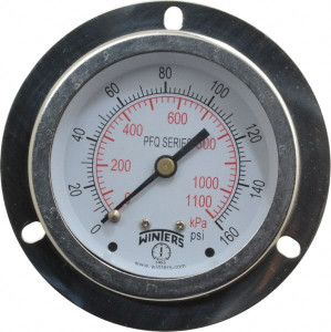 Winters Instruments 2-1/2" Dial, 1/4 Thread, 0-160 Scale Range, Pressure Gauge Front Flange Panel Mount, Center Back Connection Mount, Accurate to 1.5% of Scale PFQ905-DRY-25FF - 89905632