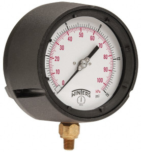 Winters Instruments 4-1/2" Dial, 1/4 Thread, 0-15 Scale Range, Pressure Gauge Lower Connection Mount, Accurate to 0.5% of Scale PPC5081 - 89906259