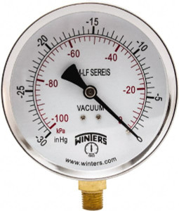 Winters Instruments 4" Dial, 1/4 Thread, 30" HG Vac Scale Range, Pressure Gauge Lower Connection Mount, Accurate to 3-2-3% of Scale PEM220LF - 91533679