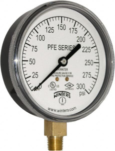 Winters Instruments 3-1/2" Dial, 1/4 Thread, 0-300 Scale Range, Pressure Gauge Lower Connection Mount, Accurate to 3-2-3% of Scale PFE3935R1 - 91533935