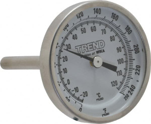 WIKA 2-1/2" Stem, 0 to 250° F Bi-Metal Thermometer Back Connected, 1% Accurate, Stainless Steel 20025A006G2 - 56440258
