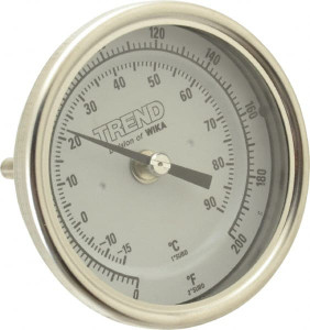 WIKA 2-1/2" Stem, 0 to 200° F Bi-Metal Thermometer Back Connected, 1% Accurate, Stainless Steel 52887391 - 56426463