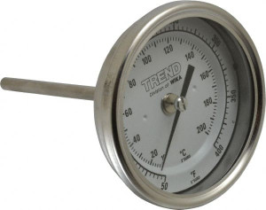 WIKA 4" Stem, 50 to 400° F Bi-Metal Thermometer Back Connected, 1% Accurate, Stainless Steel 30040A009G4 - 56426620