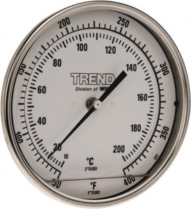 WIKA 4" Stem, 50 to 400° F Bi-Metal Thermometer Back Connected, 1% Accurate, Stainless Steel 50040A009A4SF - 56430226