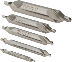 Magafor 5 Pc #1 to #5 High Speed Steel Combo Drill & Countersink Set 1/8 to 7/16" Body Diam, 60° Included Angle, 3/64 to 3/16" Drill Point Diam, Double End, Plain Edge 81115000000 - 76260827
