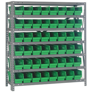 Quantum Storage Systems 1239 Series Economy Shelf Bin Shelving Unit, 12"D x 36"L x 39"H, 7 Shelves, 48 Green Bins - 1239-101GN