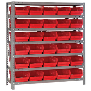 Quantum Storage Systems 1239 Series Economy Shelf Bin Shelving Unit, 12"D x 36"L x 39"H, 7 Shelves, 30 Red Bins - 1239-102RD