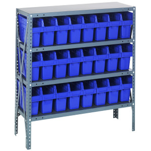 Quantum Storage Systems 1239 Series STORE-MAX Shelf Bin Shelving Unit, 12"D x 36"L x 39"H, 4 Shelves, 24 Blue Bins - 1239-SB801BL