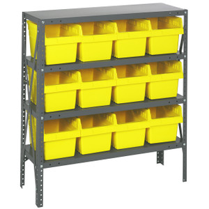 Quantum Storage Systems 1239 Series STORE-MAX Shelf Bin Shelving Unit, 12"D x 36"L x 39"H, 4 Shelves, 12 Yellow Bins - 1239-SB807YL Quantum Storage Systems 1239 Series STORE-MAX Shelf Bin Shelving Unit, 12"D x 36"L x 39"H, 4 Shelves, 12 Yellow Bins - 1239-SB807YL