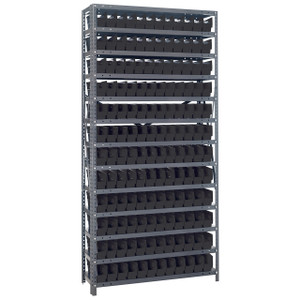 Quantum Storage Systems 1275 Series Economy Shelf Bin Shelving Unit, 12"D x 36"L x 75"H, 13 Shelves, 144 Black Bins - 1275-100BK