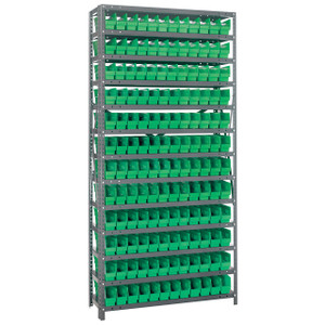 Quantum Storage Systems 1275 Series Economy Shelf Bin Shelving Unit, 12"D x 36"L x 75"H, 13 Shelves, 144 Green Bins - 1275-100GN