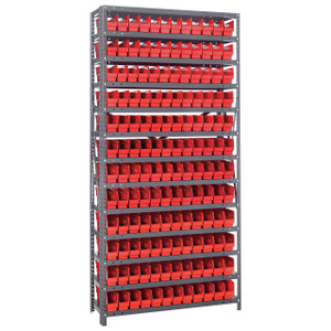 Quantum Storage Systems 1275 Series Economy Shelf Bin Shelving Unit, 12"D x 36"L x 75"H, 13 Shelves, 144 Red Bins - 1275-100RD