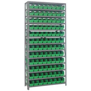 Quantum Storage Systems 1275 Series Economy Shelf Bin Shelving Unit, 12"D x 36"L x 75"H, 13 Shelves, 96 Green Bins - 1275-101GN