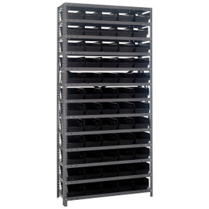 Quantum Storage Systems 1275 Series Economy Shelf Bin Shelving Unit, 12"D x 36"L x 75"H, 13 Shelves, 60 Black Bins - 1275-102BK