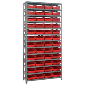 Quantum Storage Systems 1275 Series Economy Shelf Bin Shelving Unit, 12"D x 36"L x 75"H, 13 Shelves, 48 Red Bins - 1275-107RD