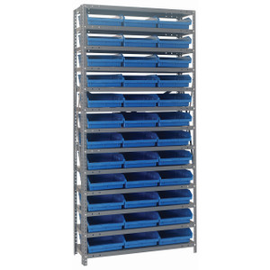 Quantum Storage Systems 1275 Series Economy Shelf Bin Shelving Unit, 12"D x 36"L x 75"H, 13 Shelves, 36 Blue Bins - 1275-109BL
