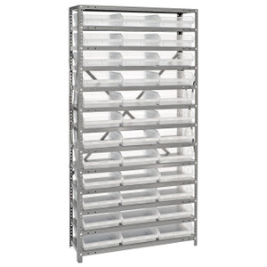 Quantum Storage Systems 1275 Series Economy Shelf Bin Shelving Unit, 12"D x 36"L x 75"H, 13 Shelves, 36 Clear Bins - 1275-109CL