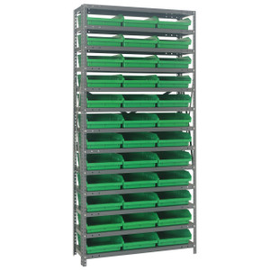 Quantum Storage Systems 1275 Series Economy Shelf Bin Shelving Unit, 12"D x 36"L x 75"H, 13 Shelves, 36 Green Bins - 1275-109GN