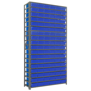 Quantum Storage Systems 1275 Series Shelf Bin Shelving Unit with Super Tuff Drawers, 12"D x 36"L x 75"H, 19 Shelves, 108 Blue Bins - 1275-401BL