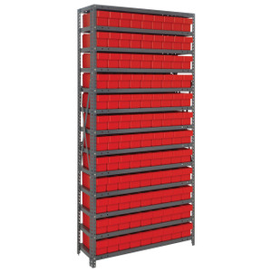 Quantum Storage Systems 1275 Series Shelf Bin Shelving Unit with Super Tuff Drawers, 12"D x 36"L x 75"H, 13 Shelves, 108 Red Bins - 1275-501RD