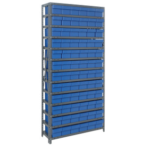 Quantum Storage Systems 1275 Series Shelf Bin Shelving Unit with Super Tuff Drawers, 12"D x 36"L x 75"H, 13 Shelves, 72 Blue Bins - 1275-601BL