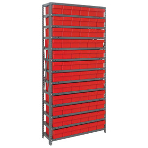 Quantum Storage Systems 1275 Series Shelf Bin Shelving Unit with Super Tuff Drawers, 12"D x 36"L x 75"H, 13 Shelves, 72 Red Bins - 1275-601RD