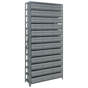 Quantum Storage Systems 1275 Series Shelf Bin Shelving Unit with Super Tuff Drawers, 12"D x 36"L x 75"H, 13 Shelves, 36 Gray Bins - 1275-801GY