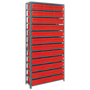 Quantum Storage Systems 1275 Series Shelf Bin Shelving Unit with Super Tuff Drawers, 12"D x 36"L x 75"H, 13 Shelves, 36 Red Bins - 1275-801RD