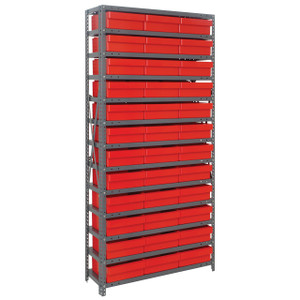 Quantum Storage Systems 1275 Series Shelf Bin Shelving Unit with Super Tuff Drawers, 12"D x 36"L x 75"H, 13 Shelves, 36 Red Bins - 1275-801RD