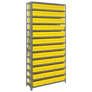 Quantum Storage Systems 1275 Series Shelf Bin Shelving Unit with Super Tuff Drawers, 12"D x 36"L x 75"H, 13 Shelves, 36 Yellow Bins - 1275-801YL