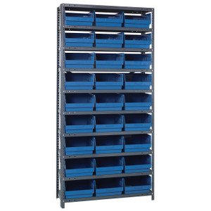 Quantum Storage Systems 1275 Series STORE-MORE Shelf Bin Shelving Unit, 12"D x 36"L x 75"H, 10 Shelves, 27 Blue Bins - 1275-209BL