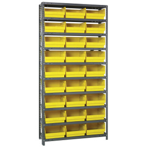Quantum Storage Systems 1275 Series STORE-MORE Shelf Bin Shelving Unit, 12"D x 36"L x 75"H, 10 Shelves, 27 Yellow Bins - 1275-209YL