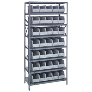 Quantum Storage Systems 1275 Series Stackable Shelf Bin Shelving Unit, 12"D x 36"L x 75"H, 8 Shelves, 35 Gray Bins - 1275-441GY