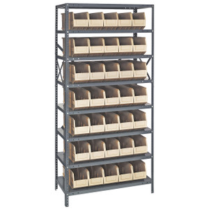 Quantum Storage Systems 1275 Series Stackable Shelf Bin Shelving Unit, 12"D x 36"L x 75"H, 8 Shelves, 35 Ivory Bins - 1275-441IV