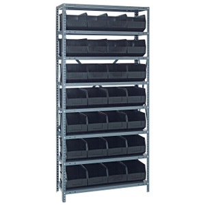 Quantum Storage Systems 1275 Series Stackable Shelf Bin Shelving Unit, 12"D x 36"L x 75"H, 8 Shelves, 28 Black Bins - 1275-443BK