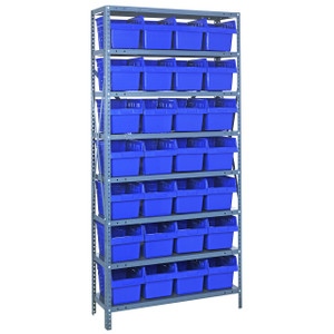 Quantum Storage Systems 1275 Series STORE-MAX Shelf Bin Shelving Unit, 12"D x 36"L x 75"H, 8 Shelves, 28 Blue Bins - 1275-SB807BL
