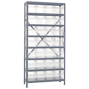 Quantum Storage Systems 1275 Series STORE-MAX Shelf Bin Shelving Unit, 12"D x 36"L x 75"H, 8 Shelves, 28 Clear Bins - 1275-SB807CL