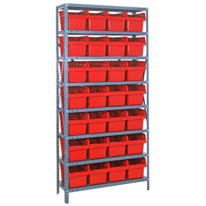 Quantum Storage Systems 1275 Series STORE-MAX Shelf Bin Shelving Unit, 12"D x 36"L x 75"H, 8 Shelves, 28 Red Bins - 1275-SB807RD