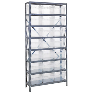 Quantum Storage Systems 1275 Series STORE-MAX Shelf Bin Shelving Unit, 12"D x 36"L x 75"H, 8 Shelves, 21 Clear Bins - 1275-SB809CL