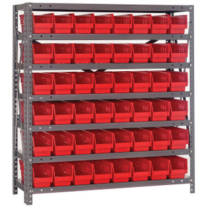 Quantum Storage Systems 1839 Series Economy Shelf Bin Shelving Unit, 18"D x 36"L x 39"H, 7 Shelves, 48 Red Bins - 1839-103RD