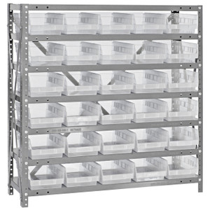 Quantum Storage Systems 1839 Series Economy Shelf Bin Shelving Unit, 18"D x 36"L x 39"H, 7 Shelves, 30 Clear Bins - 1839-104CL