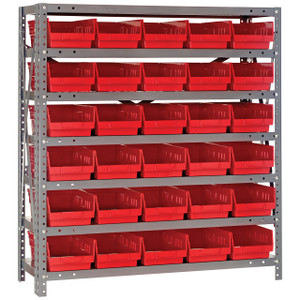 Quantum Storage Systems 1839 Series Economy Shelf Bin Shelving Unit, 18"D x 36"L x 39"H, 7 Shelves, 30 Red Bins - 1839-104RD