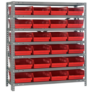 Quantum Storage Systems 1839 Series Economy Shelf Bin Shelving Unit, 18"D x 36"L x 39"H, 7 Shelves, 24 Red Bins - 1839-108RD