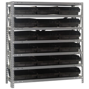 Quantum Storage Systems 1839 Series Economy Shelf Bin Shelving Unit, 18"D x 36"L x 39"H, 7 Shelves, 18 Black Bins - 1839-110BK