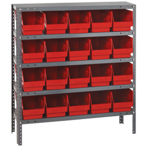 Quantum Storage Systems 1839 Series STORE-MORE Shelf Bin Shelving Unit, 18"D x 36"L x 39"H, 5 Shelves, 20 Red Bins - 1839-204RD